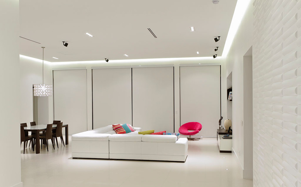 Ispirazione per un grande soggiorno moderno stile loft con pareti bianche, pavimento in cemento e pavimento bianco