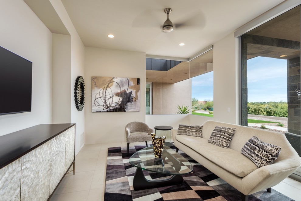 Mid-sized minimalist open concept porcelain tile living room photo in Phoenix with white walls and a wall-mounted tv