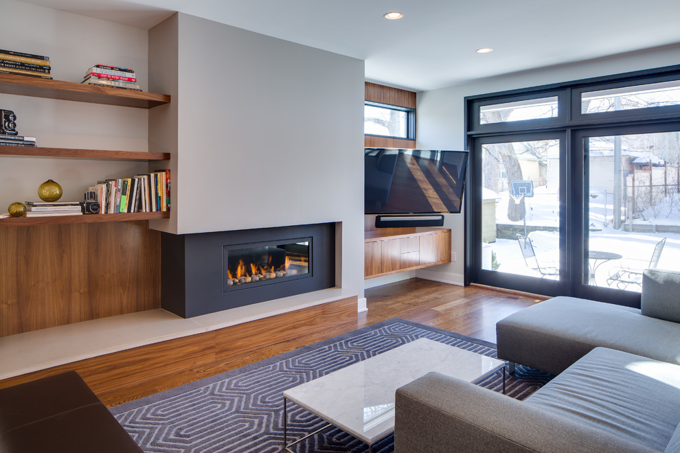 Diseño de salón abierto minimalista de tamaño medio con paredes grises, suelo de madera en tonos medios, chimenea lineal y marco de chimenea de metal