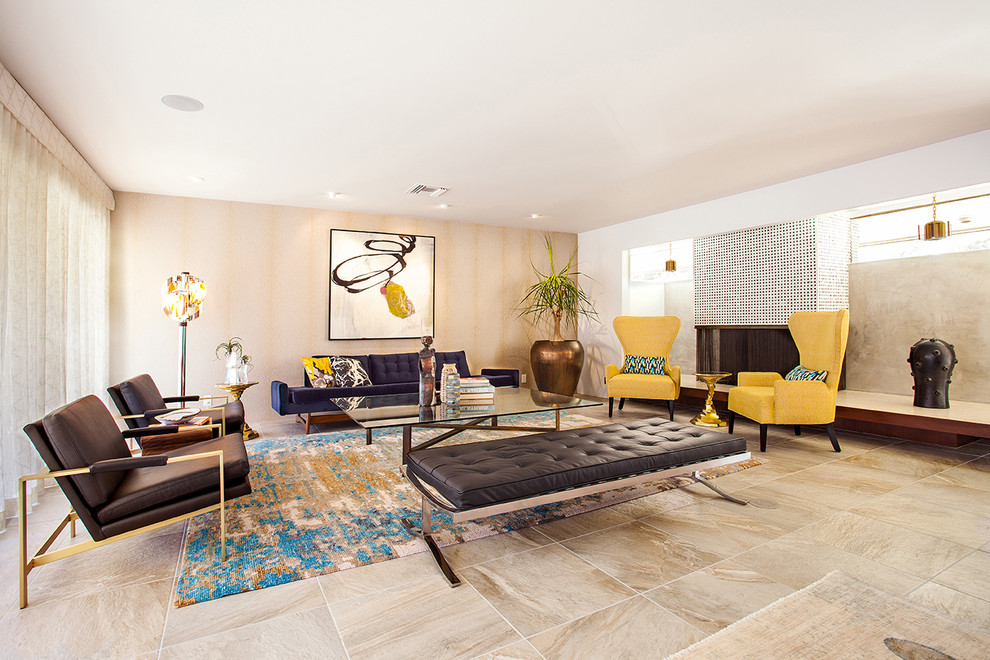 Foto di un grande soggiorno moderno aperto con pareti bianche, pavimento con piastrelle in ceramica, nessun camino e nessuna TV