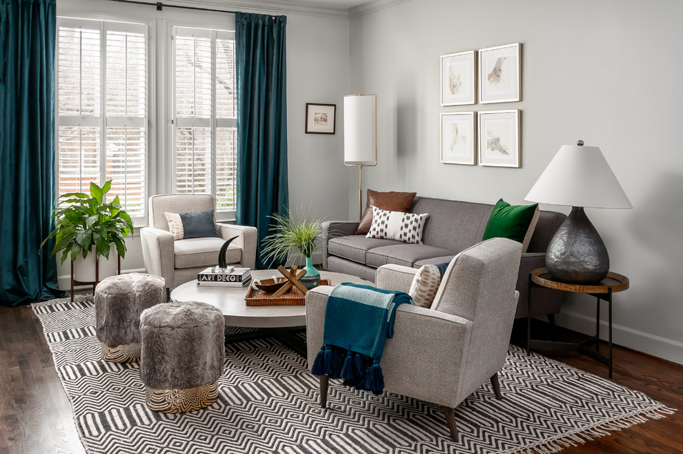 Design ideas for a large scandi formal and grey and teal open plan living room in Atlanta with grey walls, dark hardwood flooring, brown floors and feature lighting.