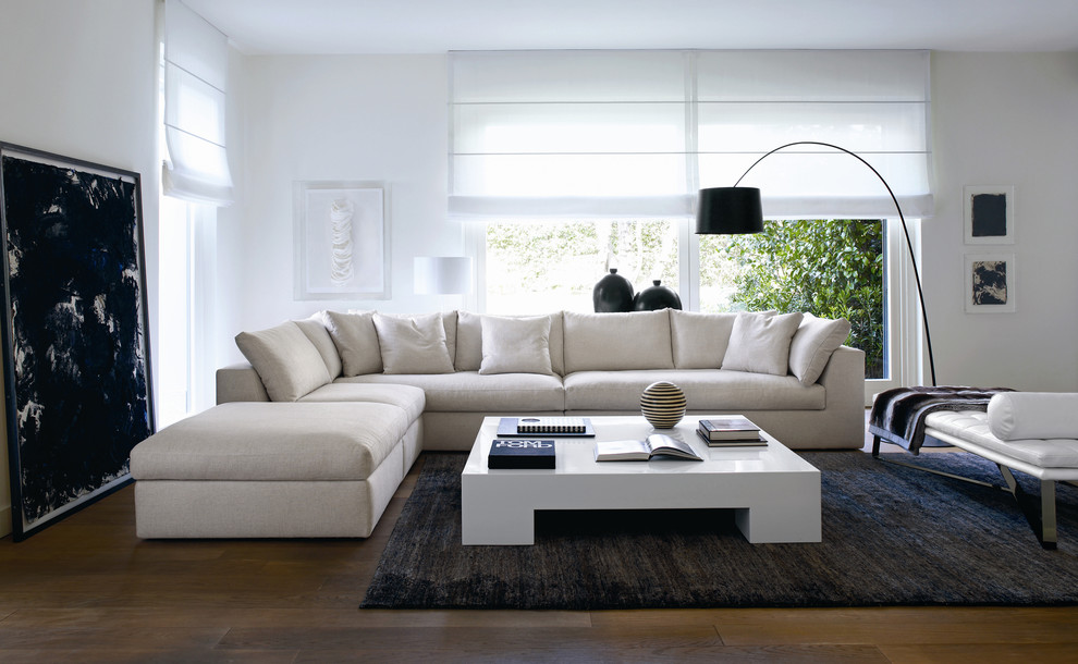 Example of a large minimalist living room design in Philadelphia with white walls