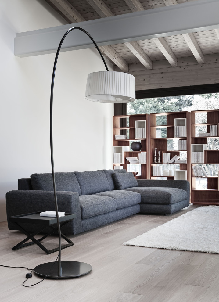 Свежая идея для дизайна: гостиная комната:: освещение в современном стиле с с книжными шкафами и полками и белыми стенами - отличное фото интерьера