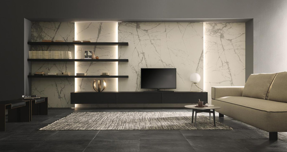 Idée de décoration pour un salon minimaliste avec un téléviseur encastré.