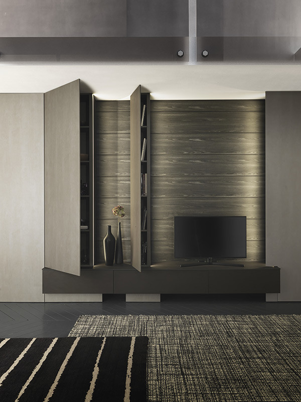 Идея дизайна: гостиная комната в стиле модернизм с мультимедийным центром