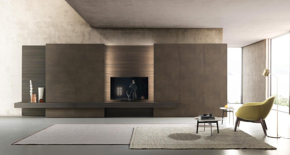 Modelo de salón minimalista con pared multimedia