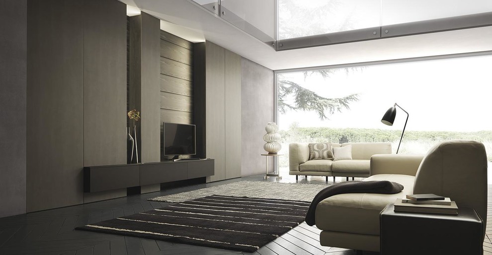 Immagine di un soggiorno minimalista con parete attrezzata