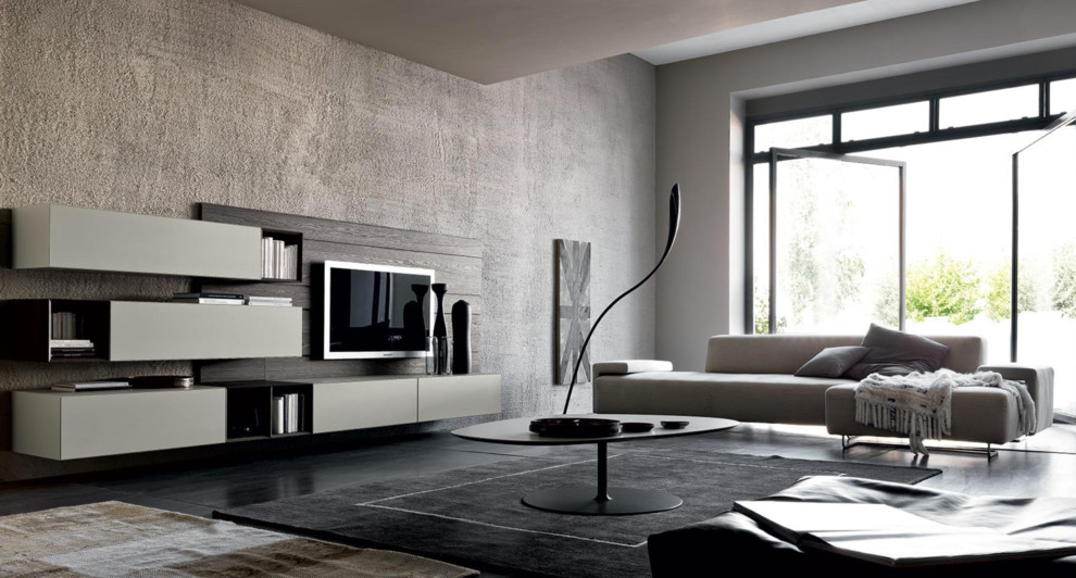 Inspiration for a modern living room in Boston with a built-in media unit.