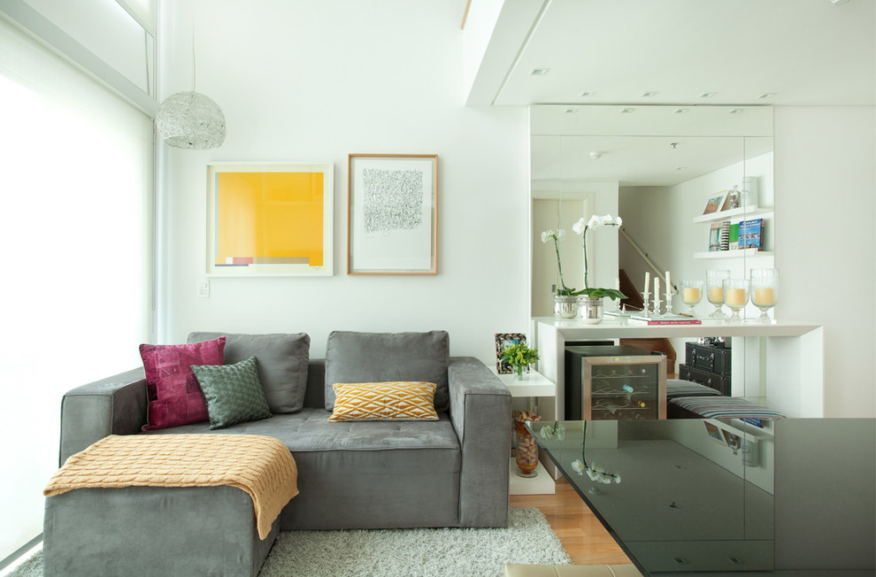 Ispirazione per un piccolo soggiorno contemporaneo con pareti grigie e parquet chiaro