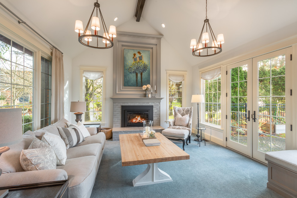 Medium sized traditional formal enclosed living room in Seattle with grey walls, carpet, a standard fireplace, a tiled fireplace surround and no tv.