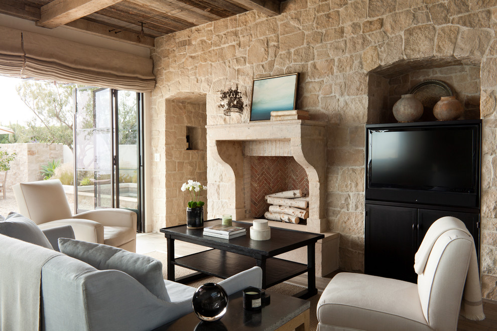 Living room - mediterranean medium tone wood floor living room idea in Orange County