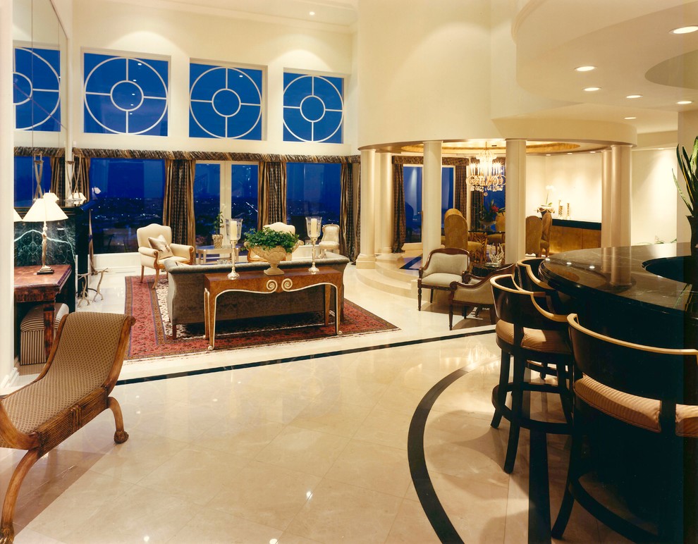 Стильный дизайн: парадная, открытая гостиная комната среднего размера в стиле модернизм с бежевыми стенами, мраморным полом, стандартным камином и фасадом камина из камня без телевизора - последний тренд