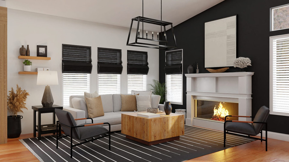 Monochromatic Mid-Century Modern Dark Coastal Living Room - Midcentury ...
