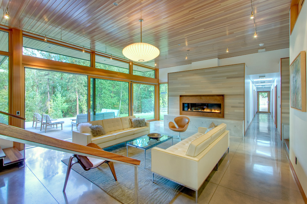 This is an example of a contemporary living room in Seattle with white walls, concrete flooring and a ribbon fireplace.