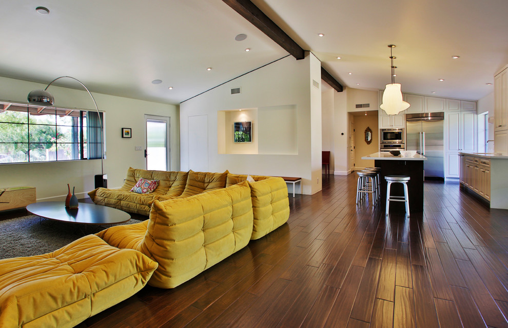 Large modern open plan living room in Phoenix with dark hardwood flooring.