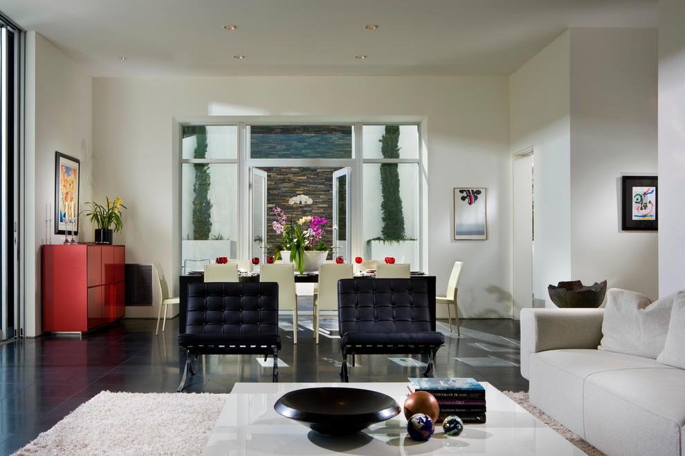 Ispirazione per un soggiorno moderno con pareti bianche, pavimento con piastrelle in ceramica e pavimento nero