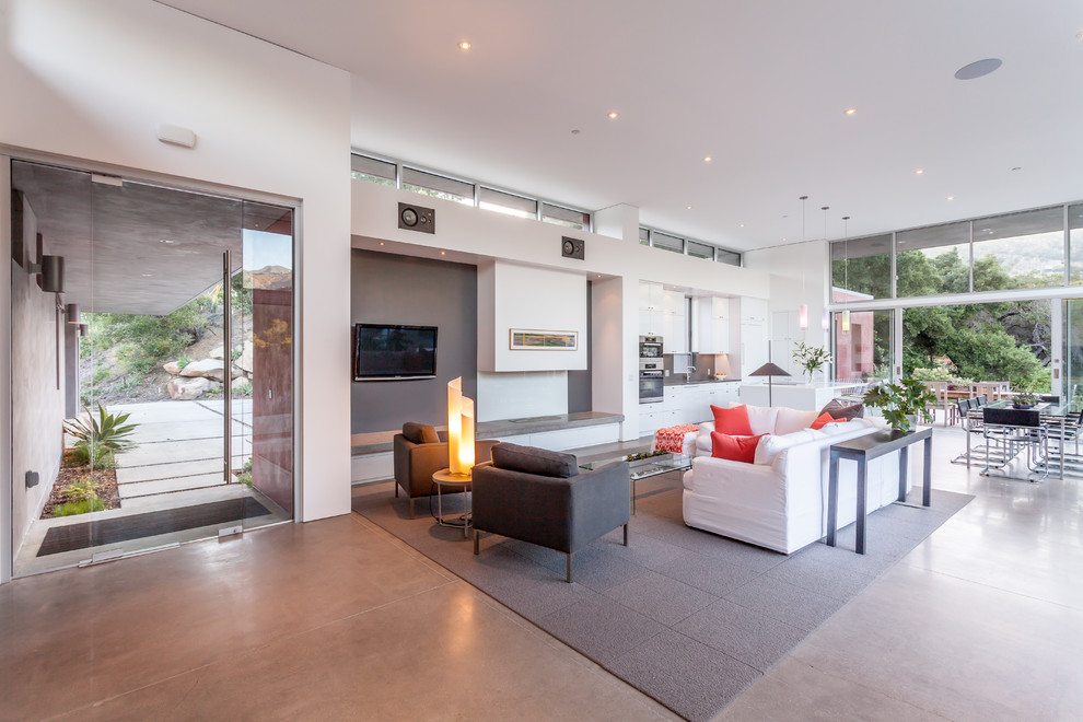 Esempio di un piccolo soggiorno contemporaneo aperto con pareti bianche, TV a parete, sala formale, pavimento in cemento e pavimento grigio
