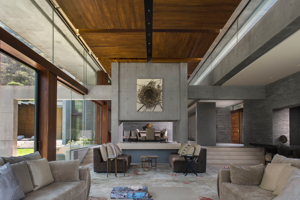 Источник вдохновения для домашнего уюта: парадная гостиная комната в стиле модернизм с серыми стенами и двусторонним камином