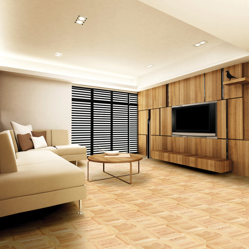 Example of a trendy light wood floor living room design in Other with beige walls and a media wall