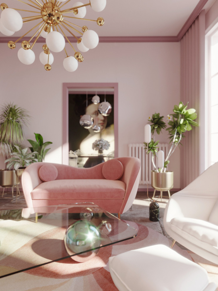 Ispirazione per un soggiorno minimal di medie dimensioni e chiuso con pareti rosa, pavimento in pietra calcarea, camino classico e cornice del camino in pietra