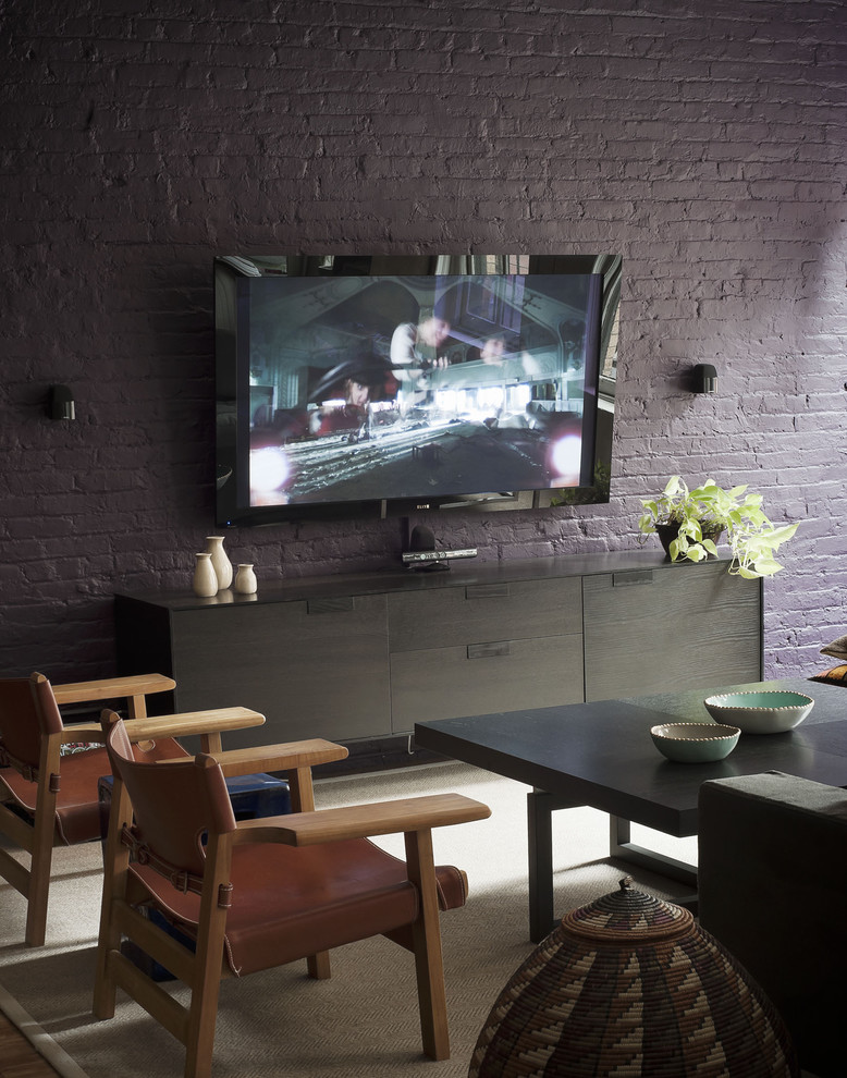 Inspiration for a large bohemian open plan living room in Auckland with purple walls and a wall mounted tv.