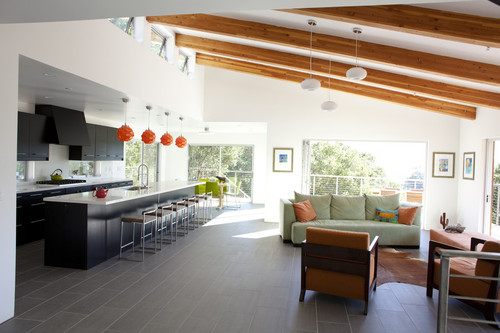 Offenes, Mittelgroßes, Fernseherloses Modernes Wohnzimmer ohne Kamin mit weißer Wandfarbe, grauem Boden und Porzellan-Bodenfliesen in San Francisco