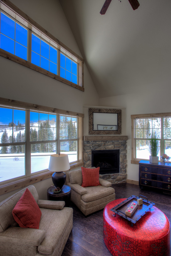 Moosehorn Cabin Downhill Two Story Transitional Living Room