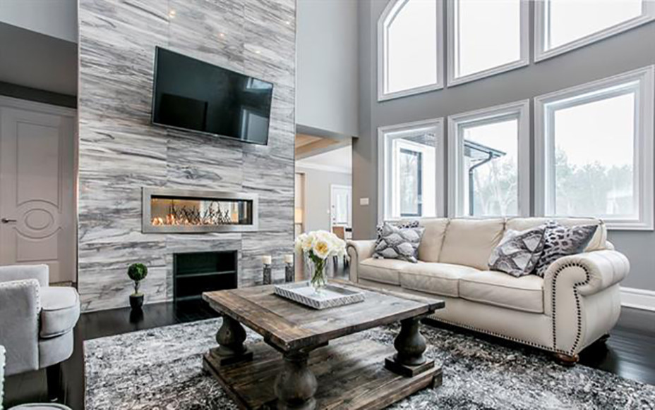 Example of a mid-sized minimalist open concept dark wood floor and brown floor living room design in Toronto with gray walls, a ribbon fireplace, a tile fireplace and a wall-mounted tv