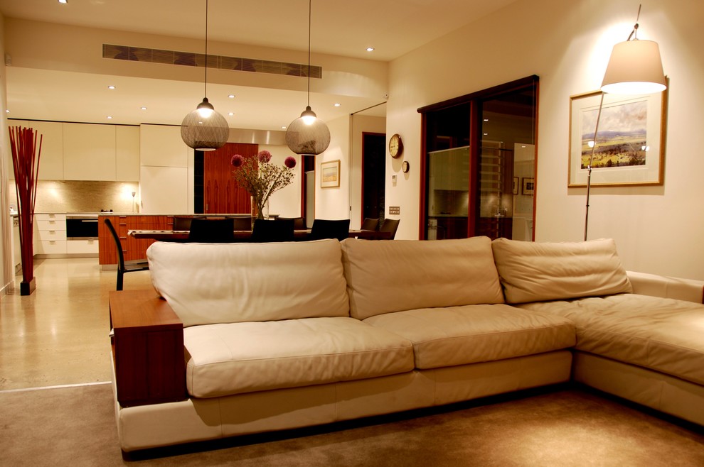 Immagine di un soggiorno minimal di medie dimensioni e aperto con pareti bianche, pavimento in cemento e nessun camino