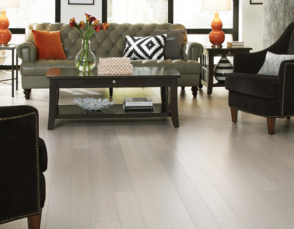 Inspiration for a large contemporary formal and open concept medium tone wood floor and gray floor living room remodel in Other with beige walls