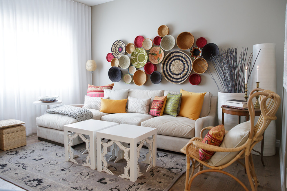 Living room - mid-sized mediterranean living room idea in Calgary with gray walls