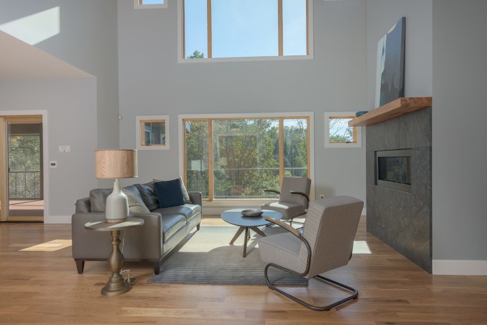 Foto di un soggiorno minimalista di medie dimensioni e stile loft con pareti grigie, parquet chiaro, camino classico, cornice del camino in pietra e pavimento marrone
