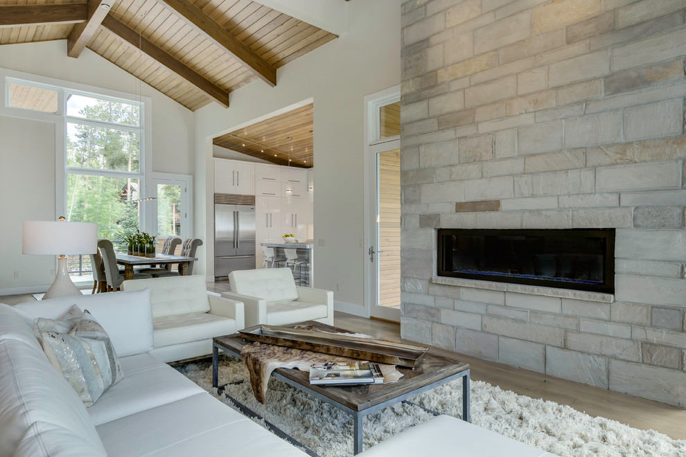 Diseño de salón abierto minimalista de tamaño medio con paredes blancas, suelo de madera en tonos medios, chimenea lineal y marco de chimenea de piedra