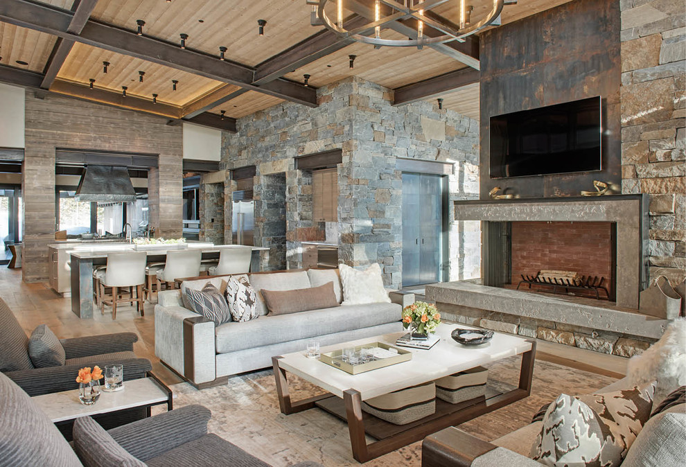 Inspiration for a large modern open concept medium tone wood floor and brown floor living room remodel in Other with a stone fireplace, a wall-mounted tv and a corner fireplace