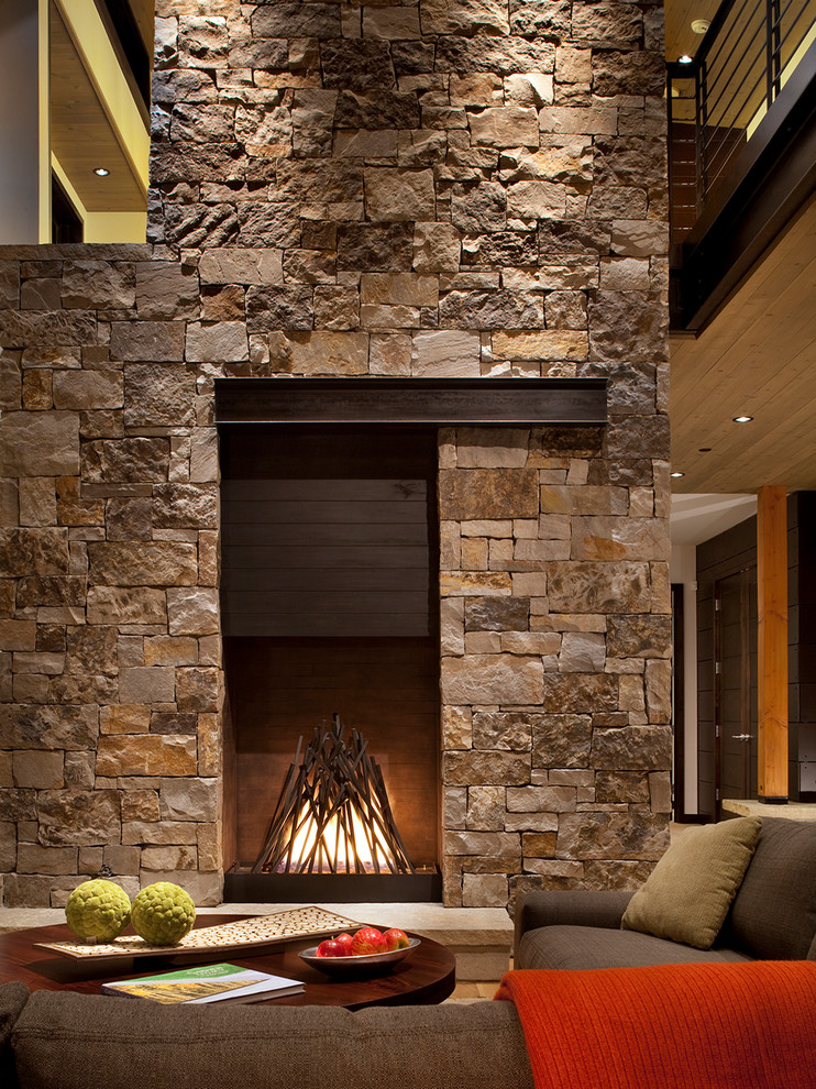 Immagine di un soggiorno design con cornice del camino in pietra