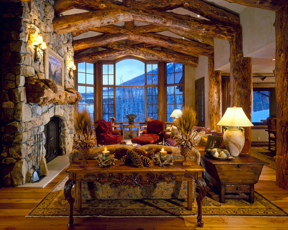Design ideas for a rustic open plan living room in Salt Lake City.