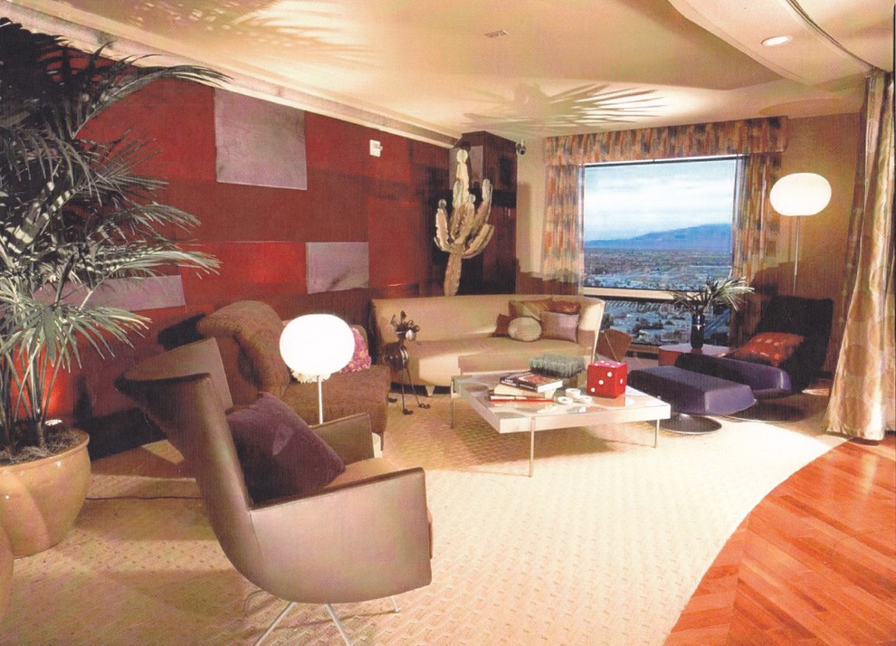 Ejemplo de salón para visitas abierto moderno de tamaño medio sin televisor con paredes multicolor y moqueta