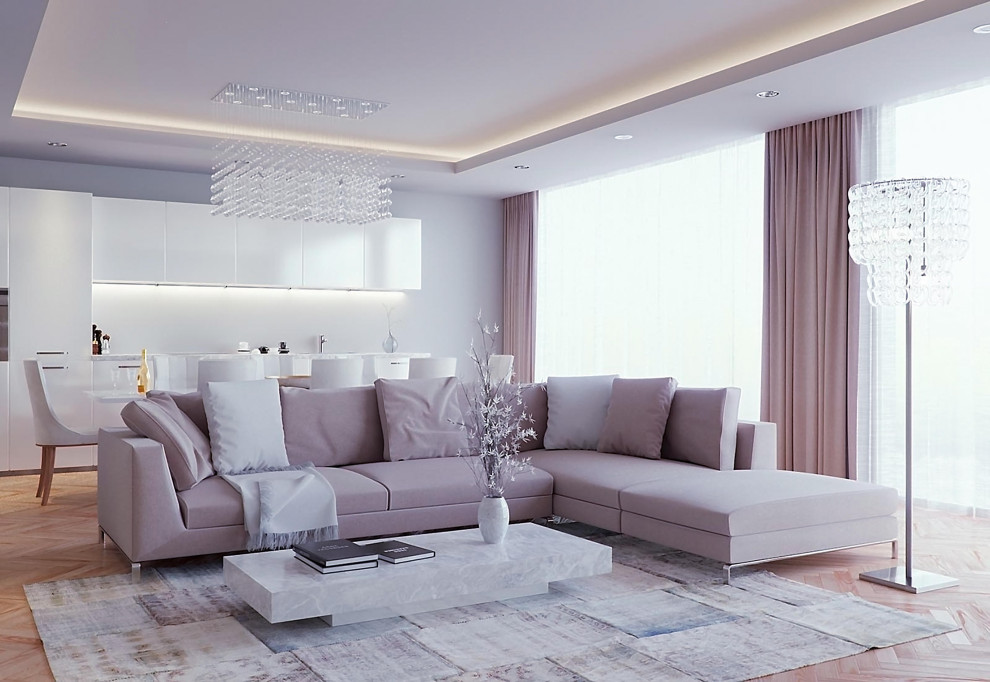 Пример оригинального дизайна: открытая гостиная комната среднего размера в современном стиле с белыми стенами, паркетным полом среднего тона, коричневым полом и потолком с обоями