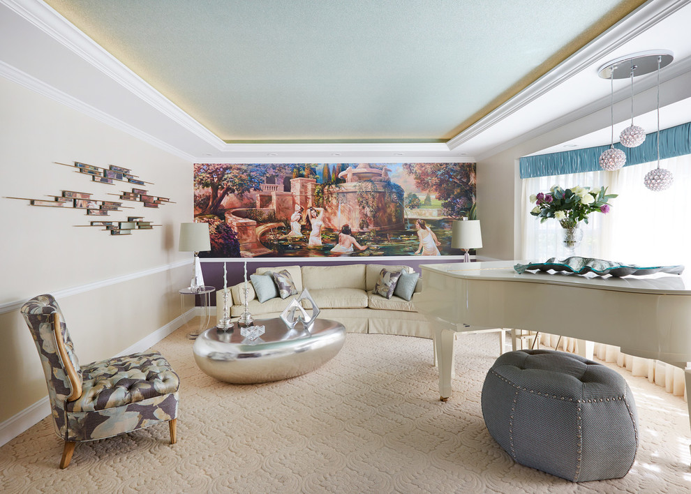 Mittelgroßes, Repräsentatives, Fernseherloses, Abgetrenntes Modernes Wohnzimmer ohne Kamin mit weißer Wandfarbe und Teppichboden in New York