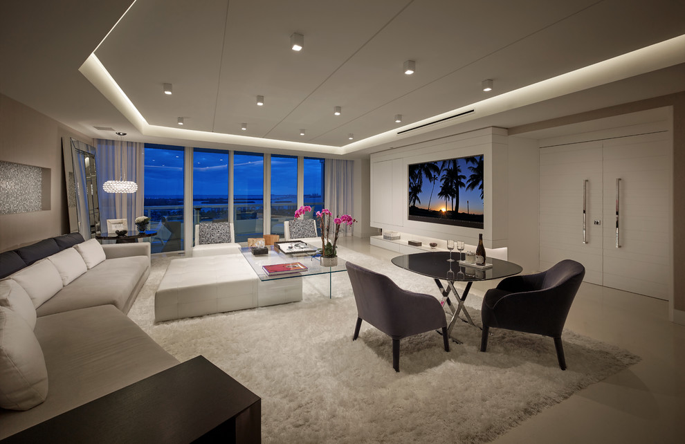 Inspiration for a large contemporary open plan living room in Miami with a music area, white walls, limestone flooring, no fireplace and a built-in media unit.