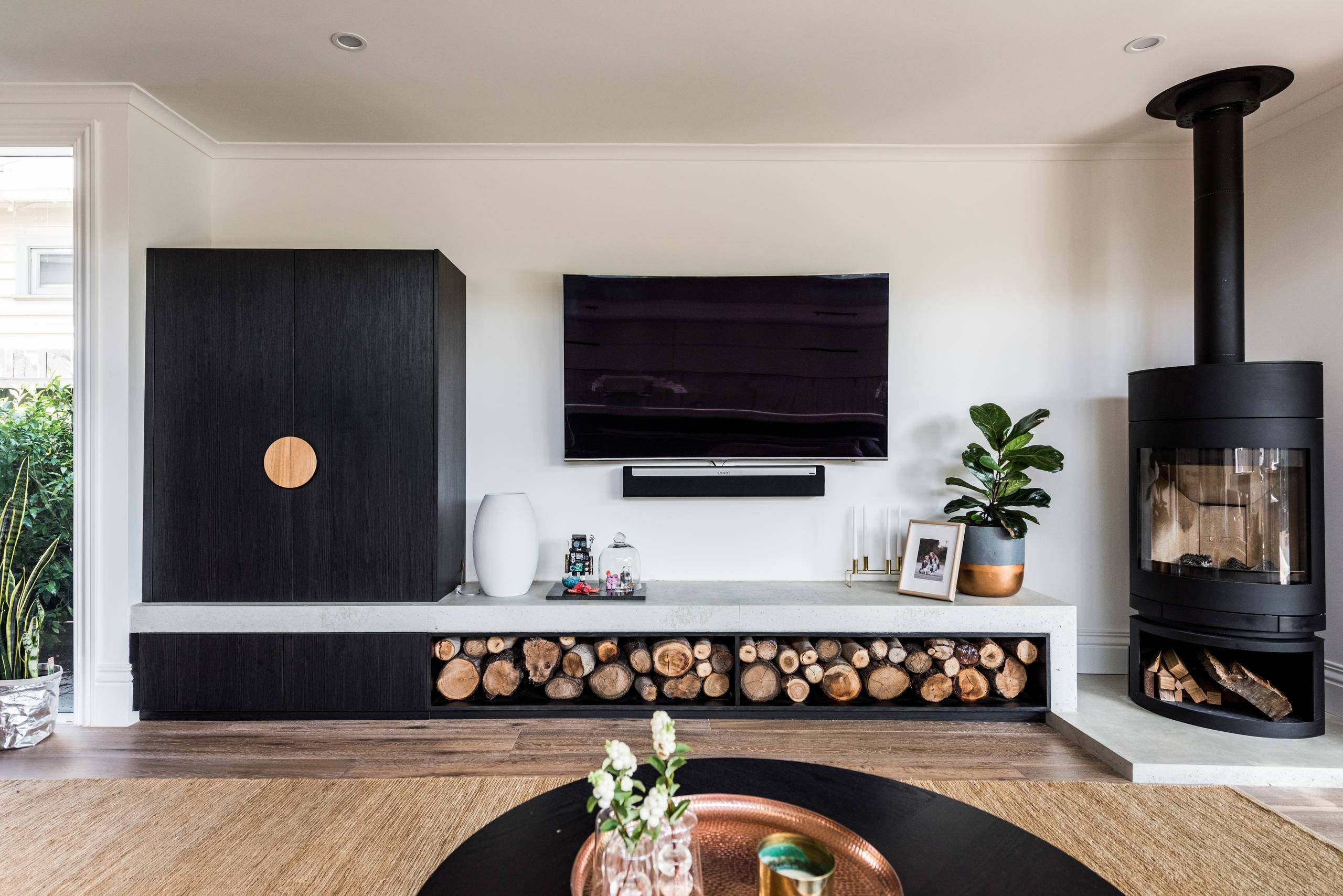 75 Living Room with a Wood Stove and a Wall-Mounted TV Ideas You'll Love -  December, 2022 | Houzz