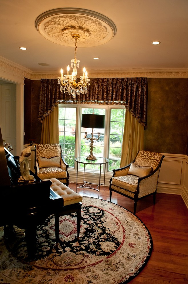 Example of a small classic formal and enclosed living room design in Chicago with brown walls