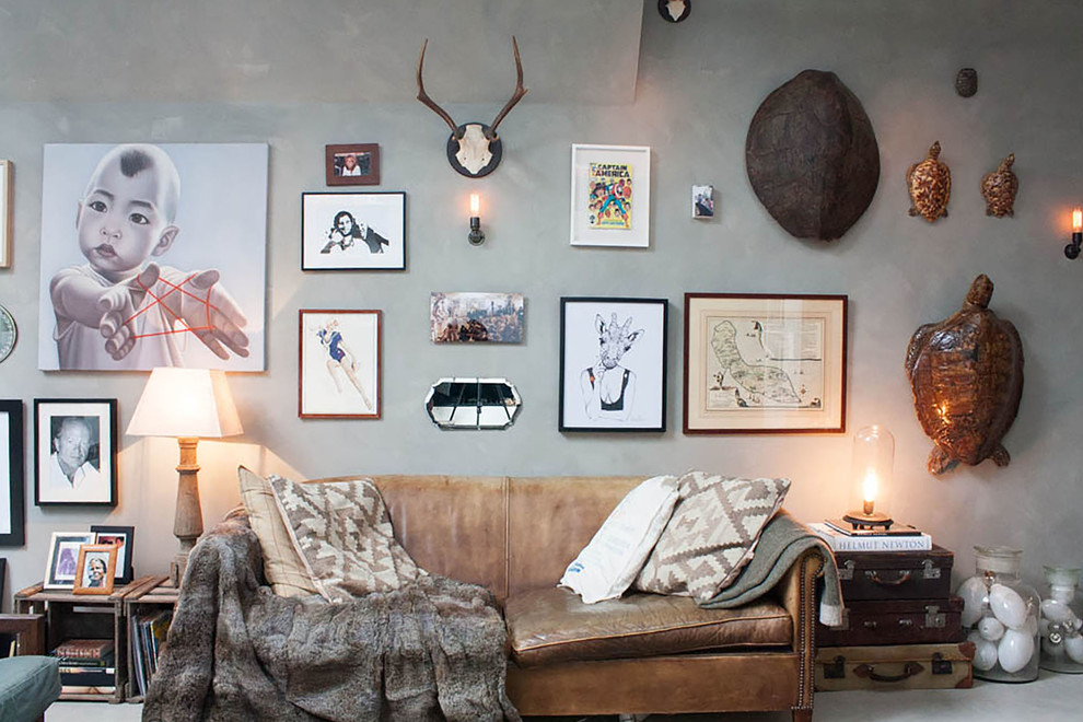 Inspiration för ett eklektiskt vardagsrum, med grå väggar