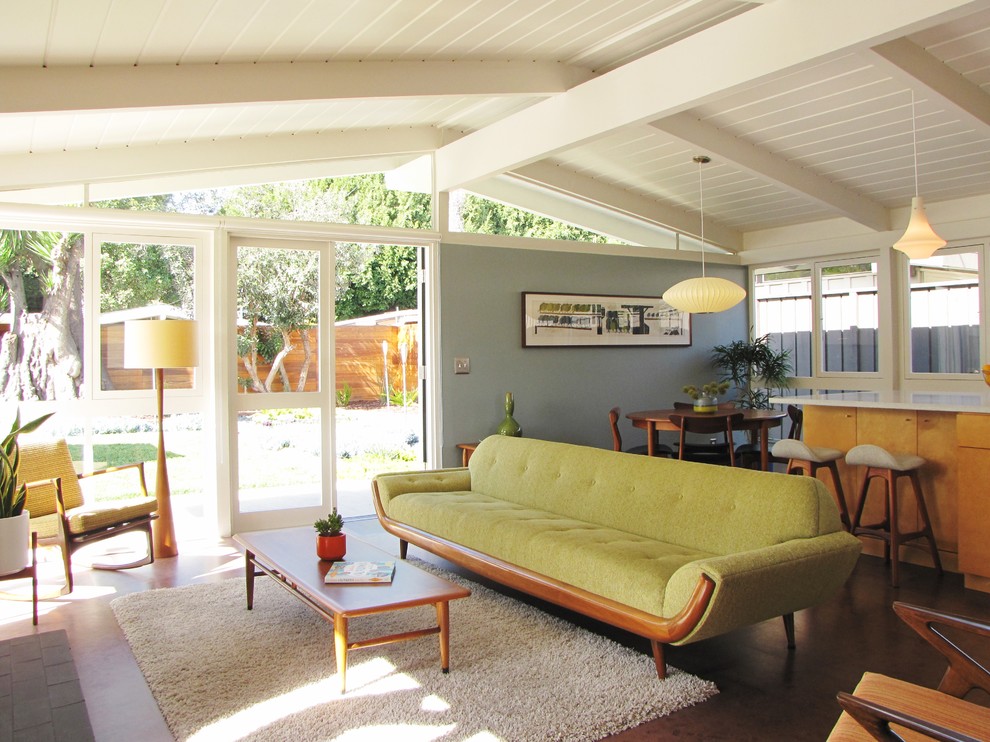 Mid-century modern cork floor living room photo in Orange County