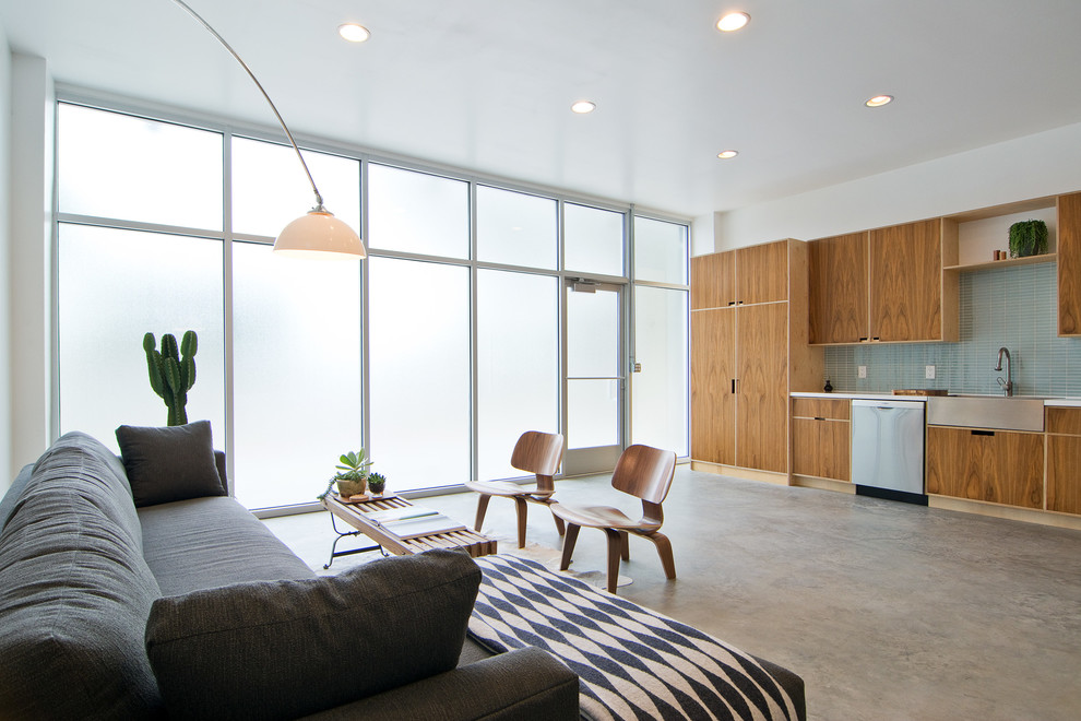 Immagine di un soggiorno moderno con pavimento in cemento