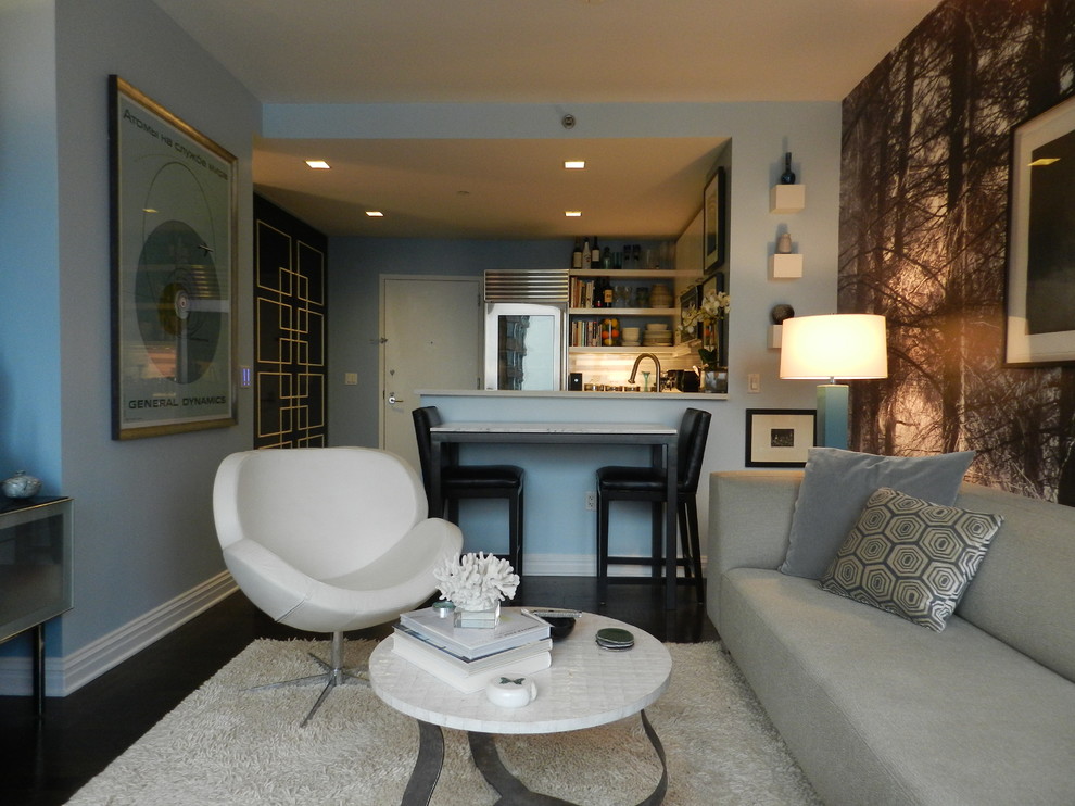 Kleines Modernes Wohnzimmer mit blauer Wandfarbe in New York