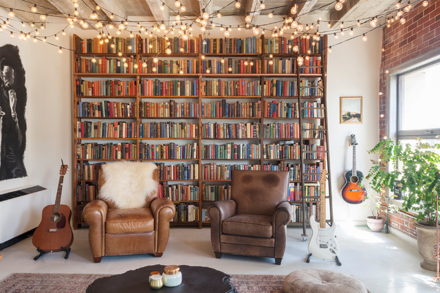 My Houzz Books And String Lights Cozy Up An L A Loft - String Lights On Ceiling Beams