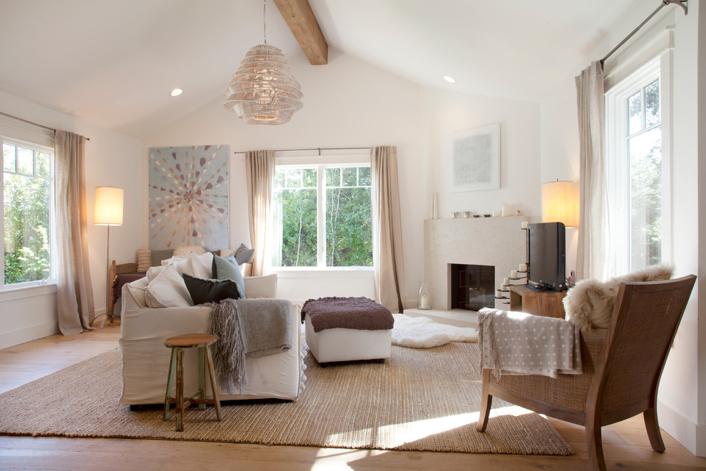 Foto di un soggiorno minimal con pareti bianche, pavimento in legno massello medio, camino ad angolo e TV autoportante