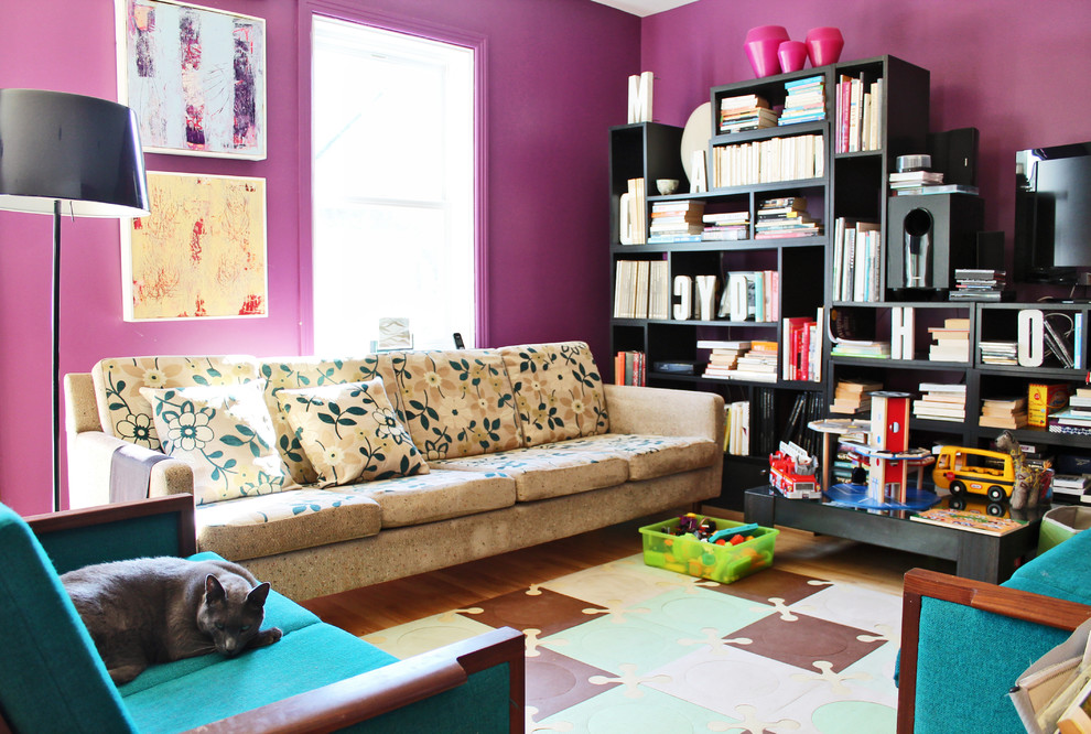 Design ideas for a medium sized bohemian living room in Montreal with purple walls.
