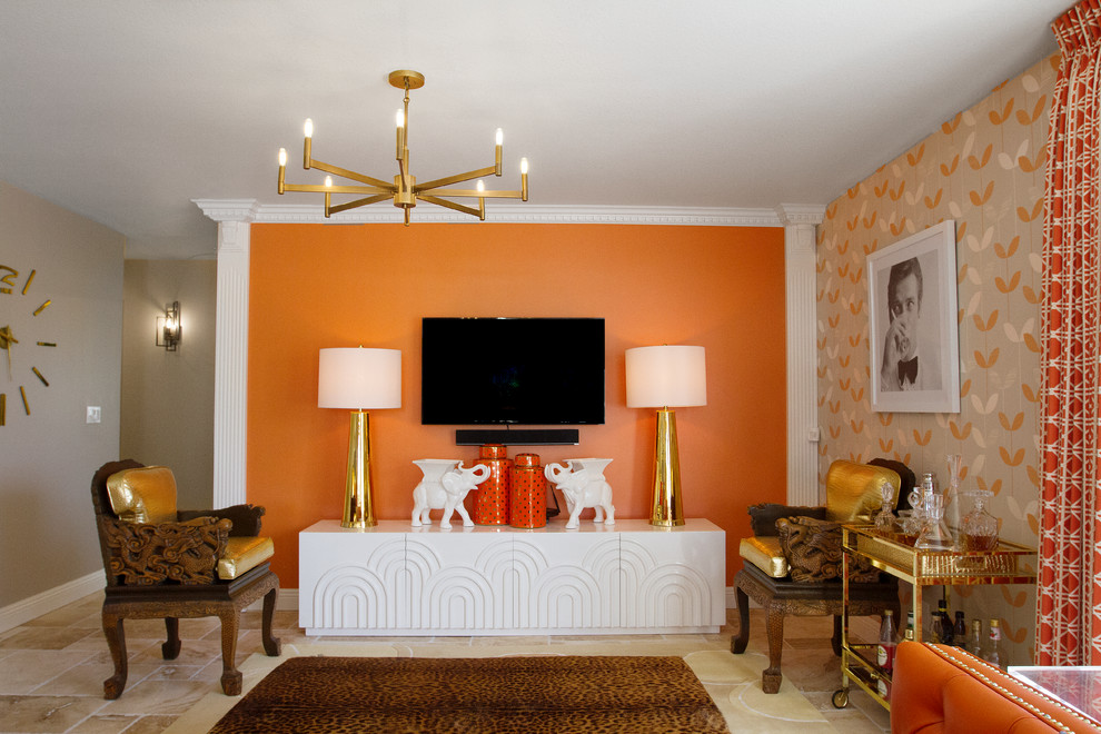 Свежая идея для дизайна: гостиная комната:: освещение в стиле ретро - отличное фото интерьера